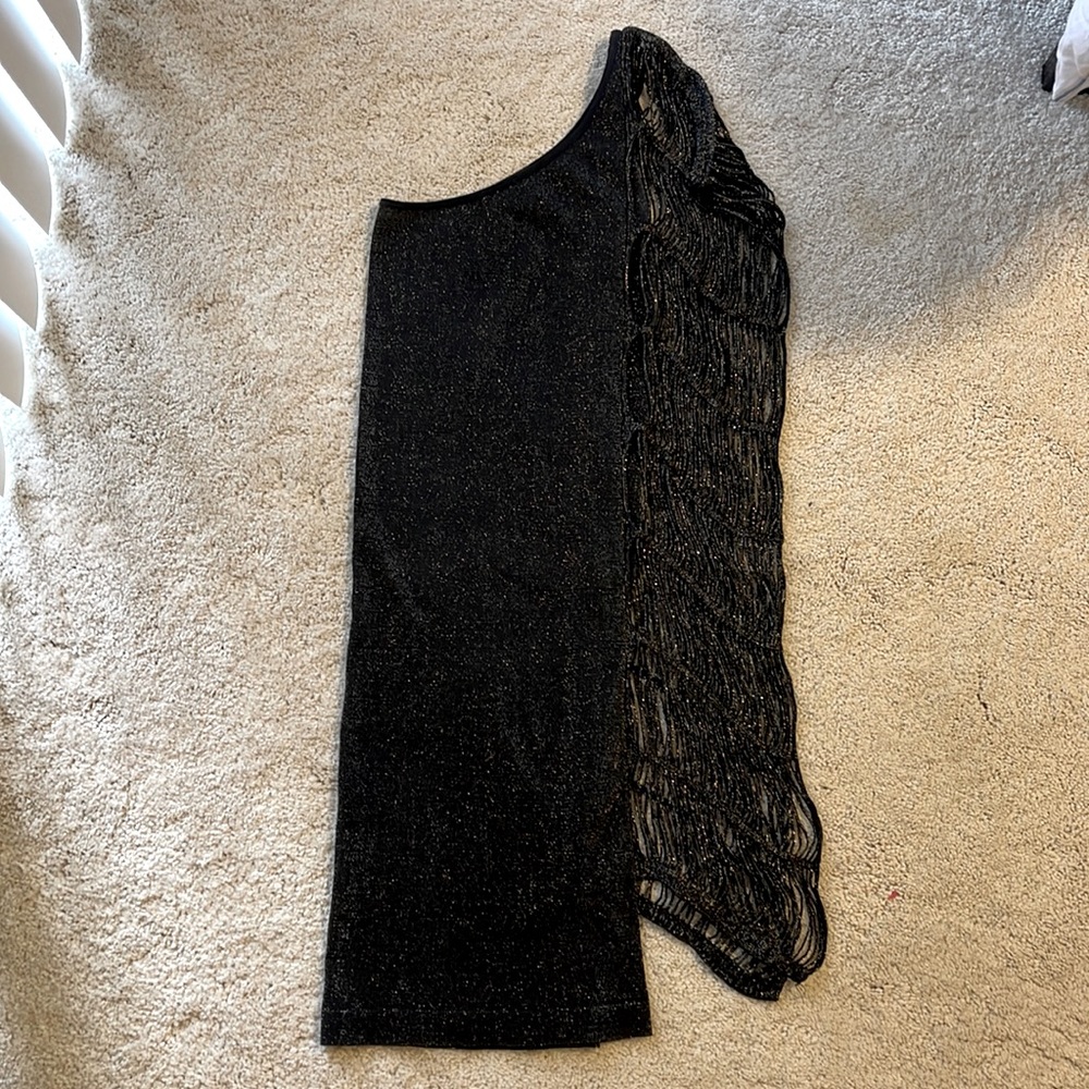 Bebe black dress with gold sparkles, size small, form fitting, one shoulder